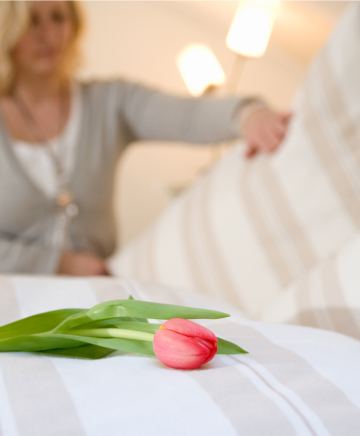 frisch gemachtes Bett in gepflegter Unterkunft