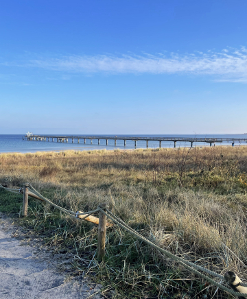 Strandaufgang mit Blick auf die Seebrücke im Ostseebad Boltenhagen