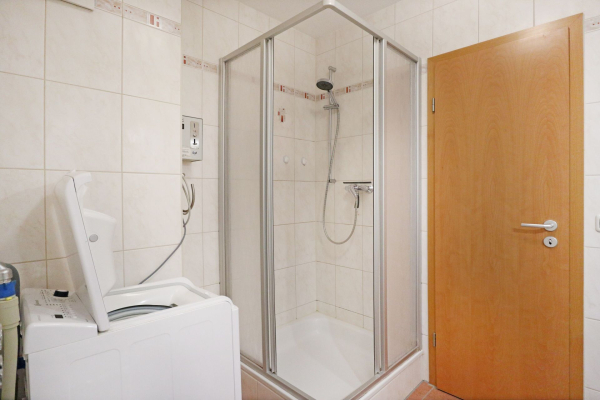 Blick in das Duschbad mit Waschmaschine, Waschbecken und Spiegel