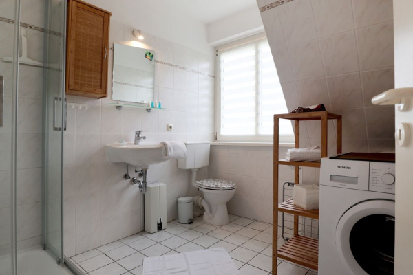 Blick in das Tageslichtbad mit Dusche und Waschmaschine