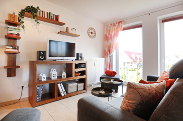 Blick auf ein Regal im Wohnbereich mit Fernseher
