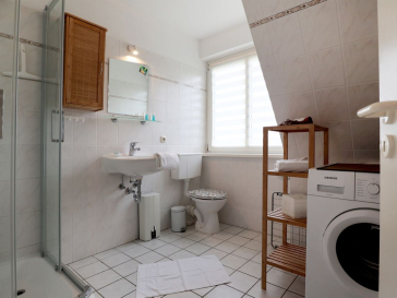 Blick in das Tageslichtbad mit Dusche und Waschmaschine