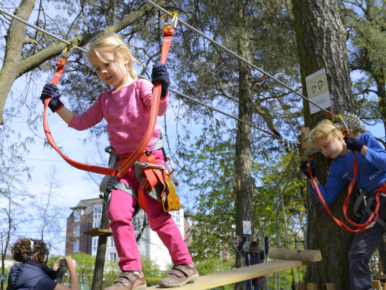 Zwei Kinder klettern in einem Kletterpark. Sie sind mit Seilen gesichert.