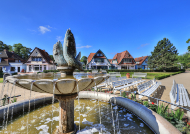 Ein Springbrunnen mit Fischskulpturen. Im Hintergrund Villen.