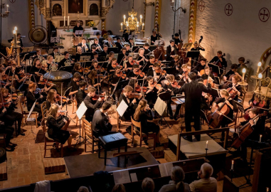Ein Orchester spielt in einem historischen Saal.